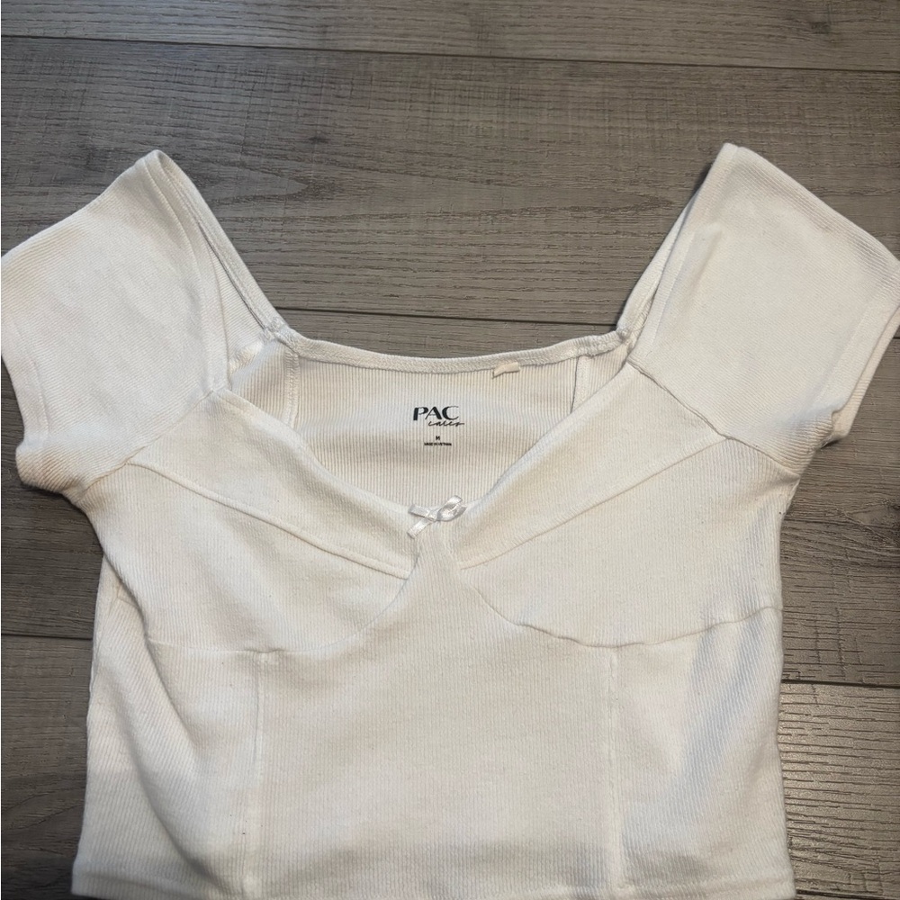Cream Ribbed Crop Blouse with Cap Sleeves